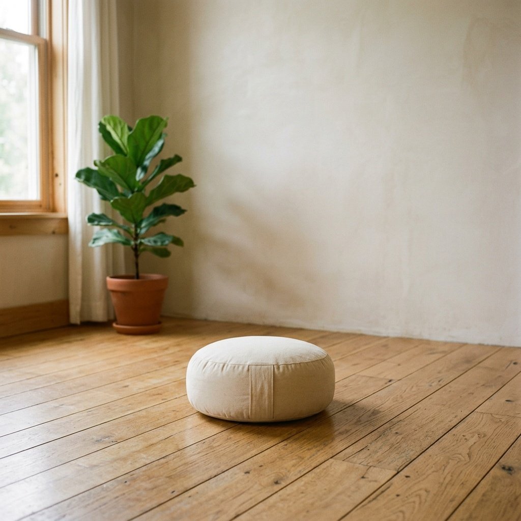Egyszerű meditációs párna faparkettán, napfényes csendes szobában, halvány falak